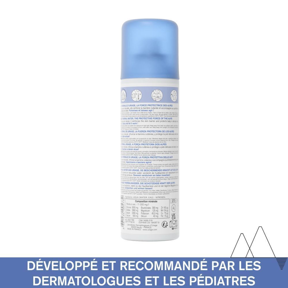 Arrière du flacon Uriage Bébé 1ère Eau Thermale avec ingrédients.