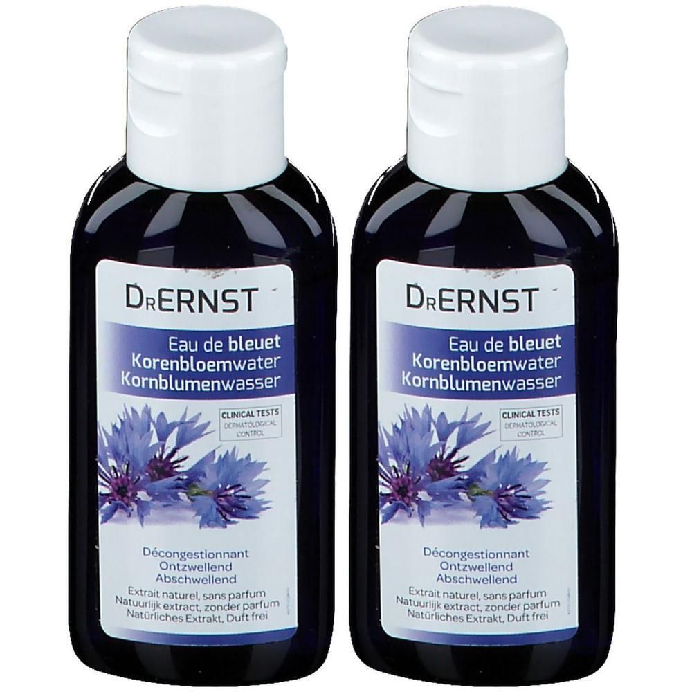 Deux flacons d'Eau de Bleuet Dr. Ernst avec étiquette et illustration de bleuet.