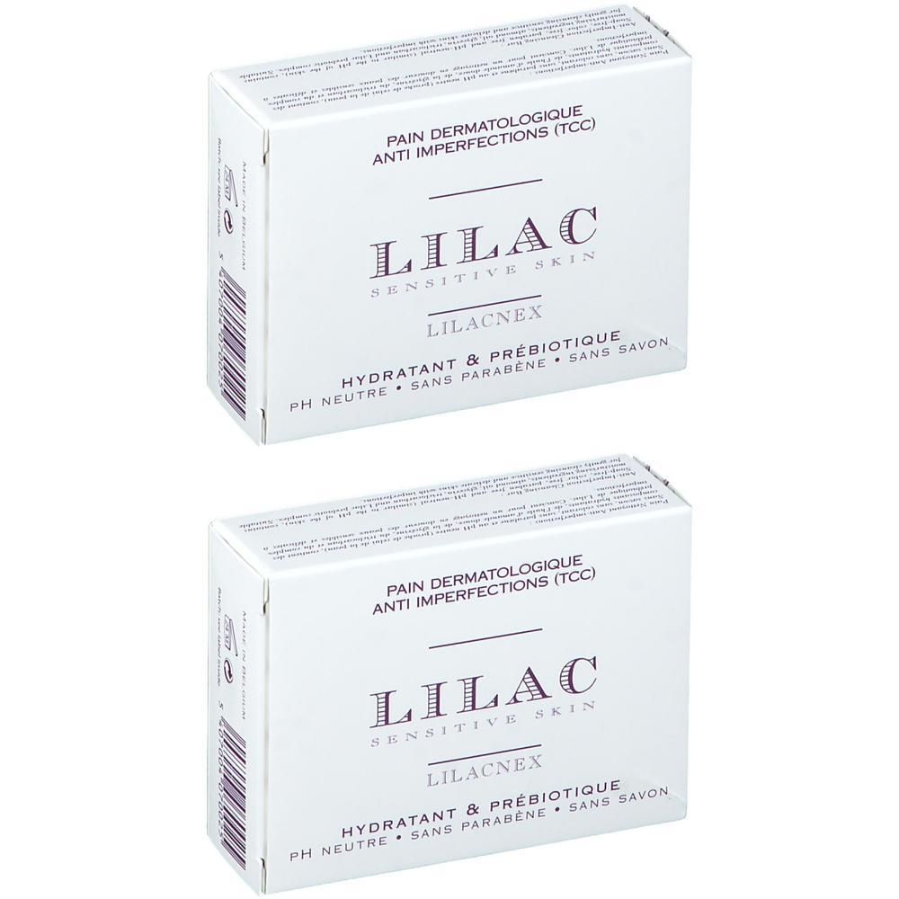 Deux paquets de savon Lilac Pain Dermatologique pour peaux à tendance acnéique. Hydratant et prébiotique.