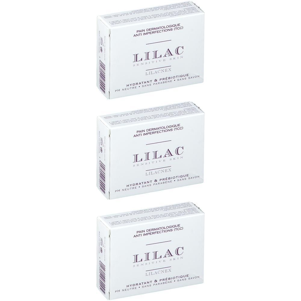Trois boîtes de Lilac Pain Dermatologique Peaux à Tendance Acnéique, pour peaux à tendance acnéique.