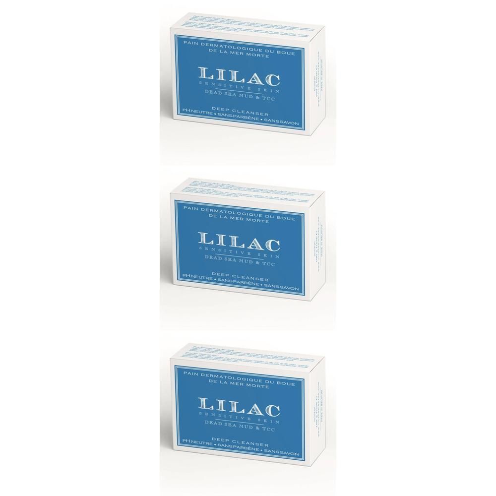 Trois boîtes de Lilac Pain Dermatologique à la Boue de la Mer Morte, nettoyant en profondeur.