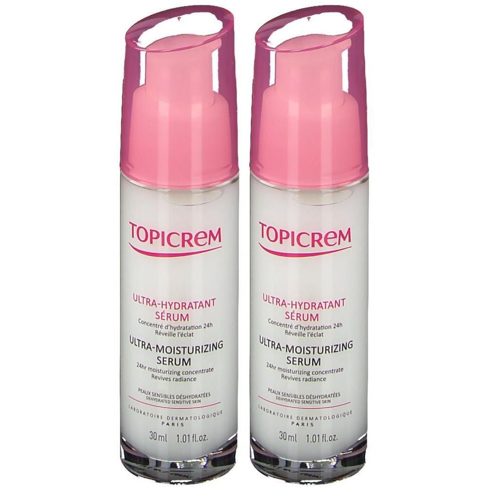 Zwei Flaschen Topicrem Ultra-Feuchtigkeitsspendendes Serum mit Pumpspendern.