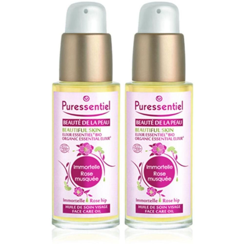 Deux flacons Puressentiel Beauté de la peau Elixir avec distributeurs à pompe.