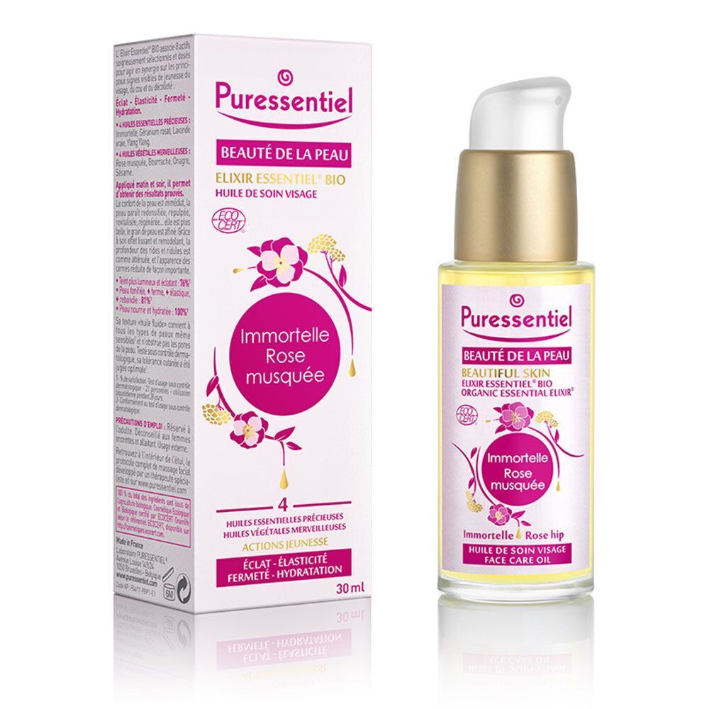 Puressentiel Beauté de la peau Elixir Flasche und Verpackung, 30ml.