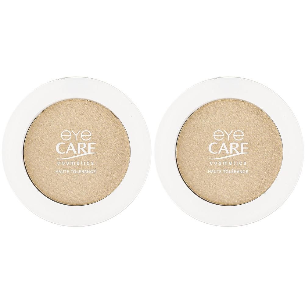 Deux boîtiers ronds de fard à paupières pour peaux sensibles, couleur champagne. Marque : EYE CARE cosmetics.