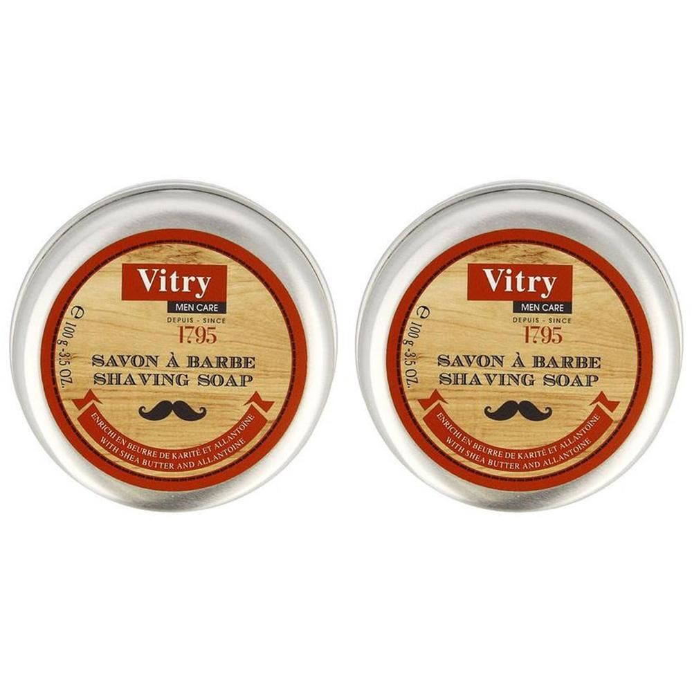 Zwei Dosen Vitry Men Care Rasierseife mit Holzmaserung-Etikett und Schnurrbart-Symbol.