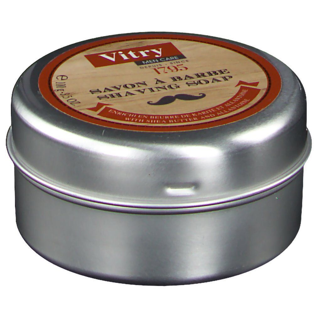 Eine Dose Vitry Men Care Rasierseife mit Etikett im Holzdesign, Schnurrbart-Symbol und 100g Angabe.