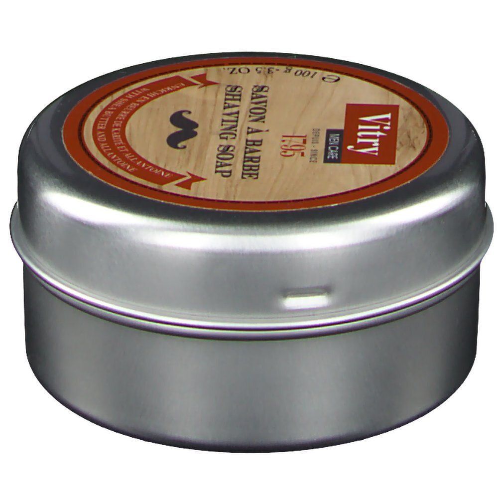 Eine runde Dose Vitry Men Care Rasierseife, 100g, mit Etikett im Holzdesign und Schnurrbart-Symbol.