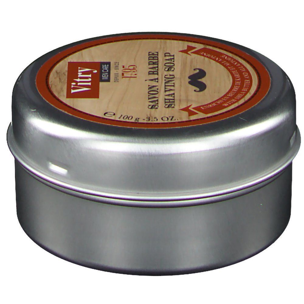 Eine runde Dose Vitry Men Care Rasierseife, 100g, mit Etikett im Holzdesign und Schnurrbart-Symbol.