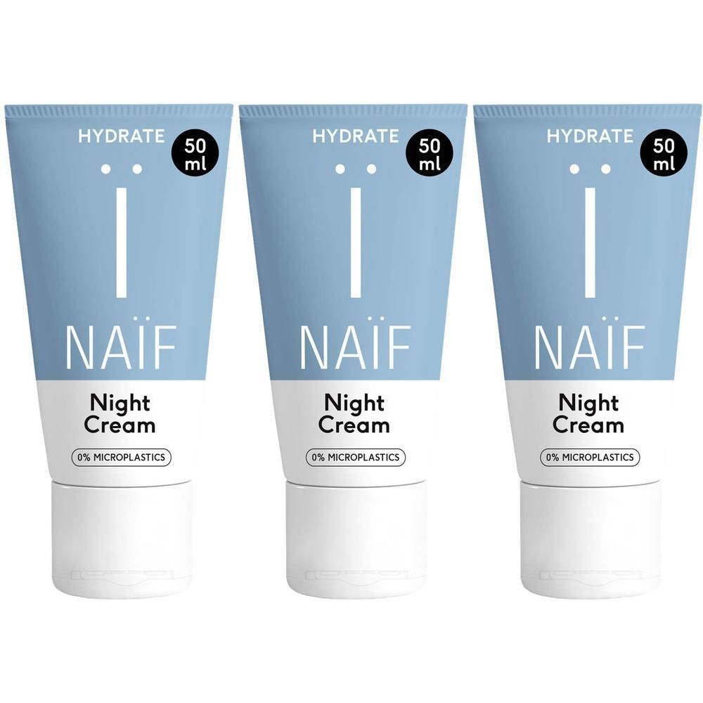 Trois tubes de crème de nuit NAÏF®, 50 ml, 0% microplastiques.