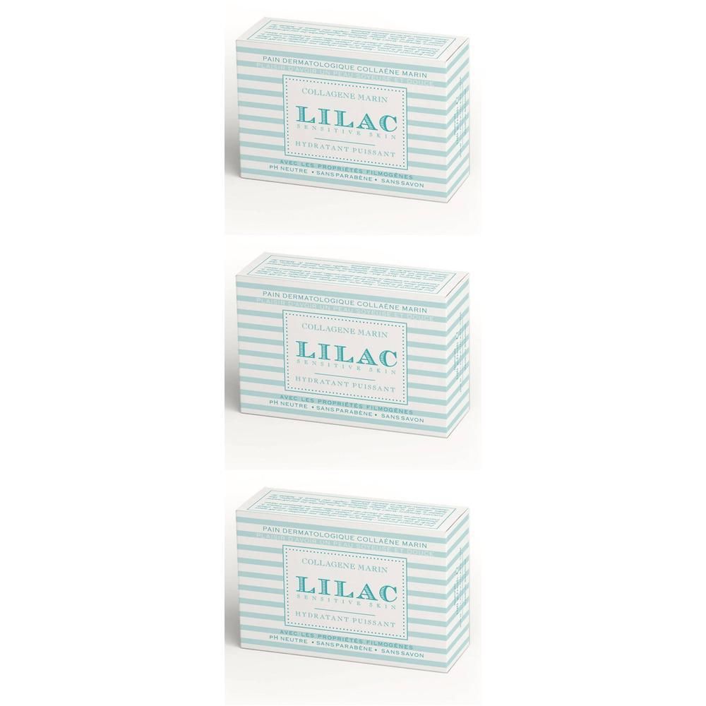 Trois paquets de savon LILAC au collagène marin, motif rayé, avec informations sur le produit.