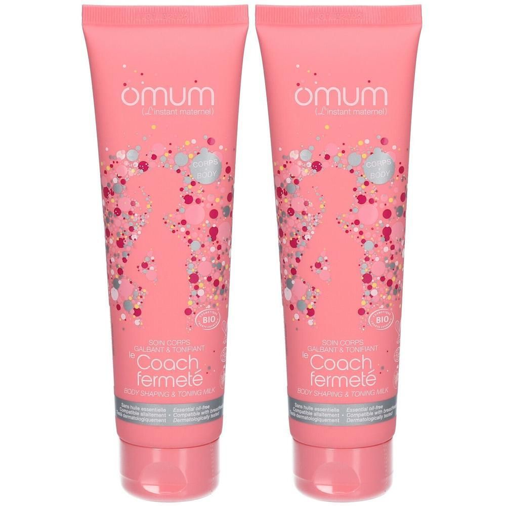 Zwei rosa Tuben mit dem Produkt "Coach fermeté" von Omum, mit bunten Verzierungen.