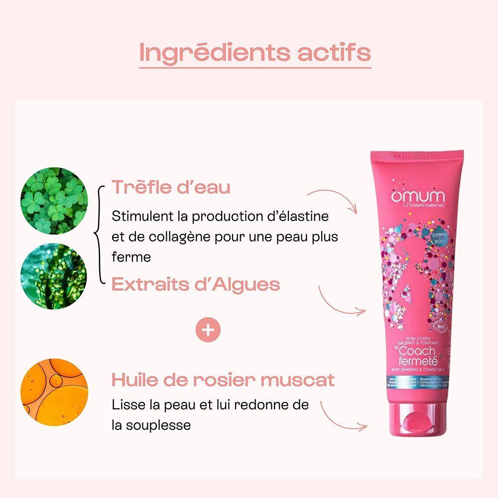 Tube rose "Coach fermeté" d'Omum avec des ingrédients actifs tels que le trèfle d'eau et des extraits d'algues.