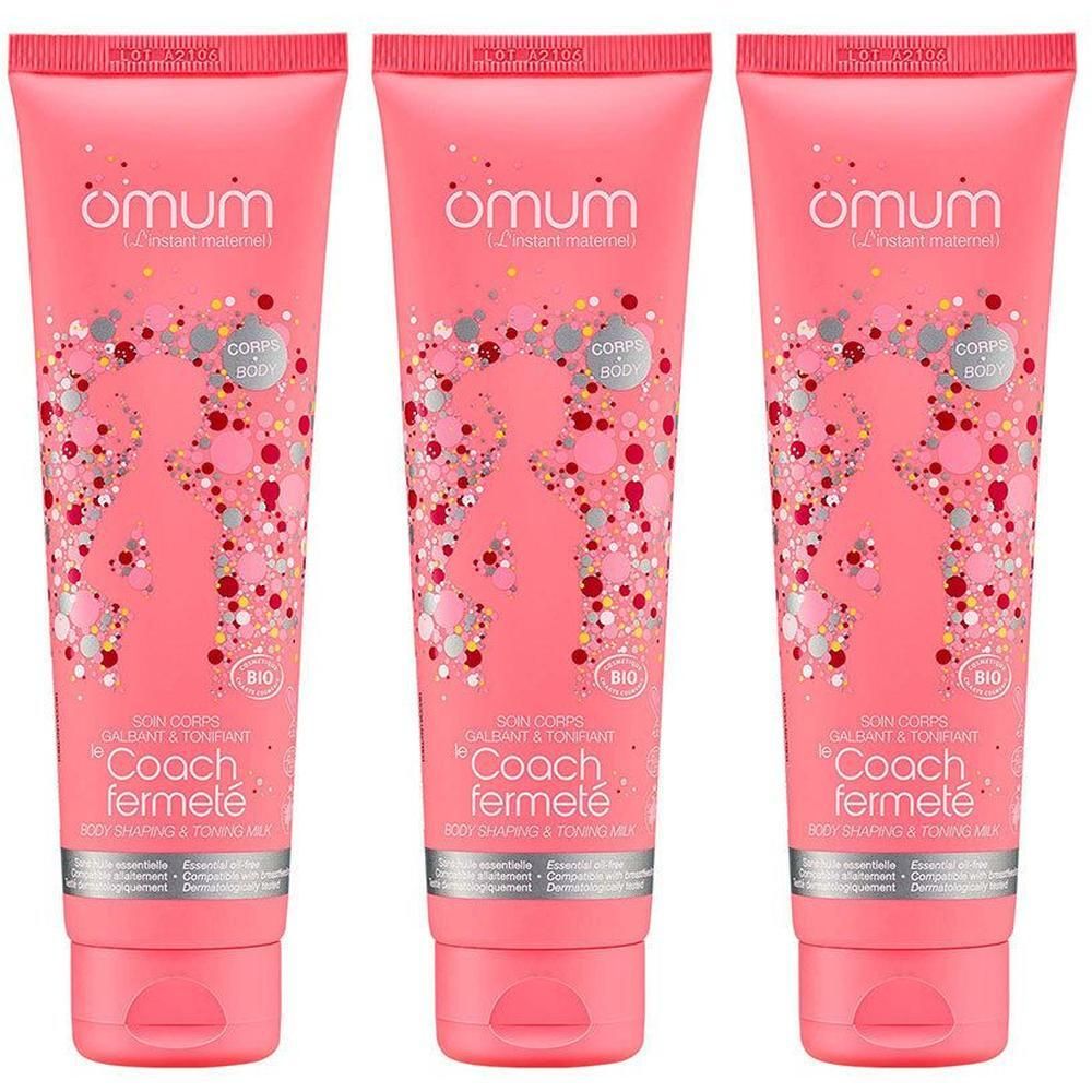 Trois tubes roses avec logo Omum et décorations. "Coach Fermeté" est inscrit sur chaque tube.