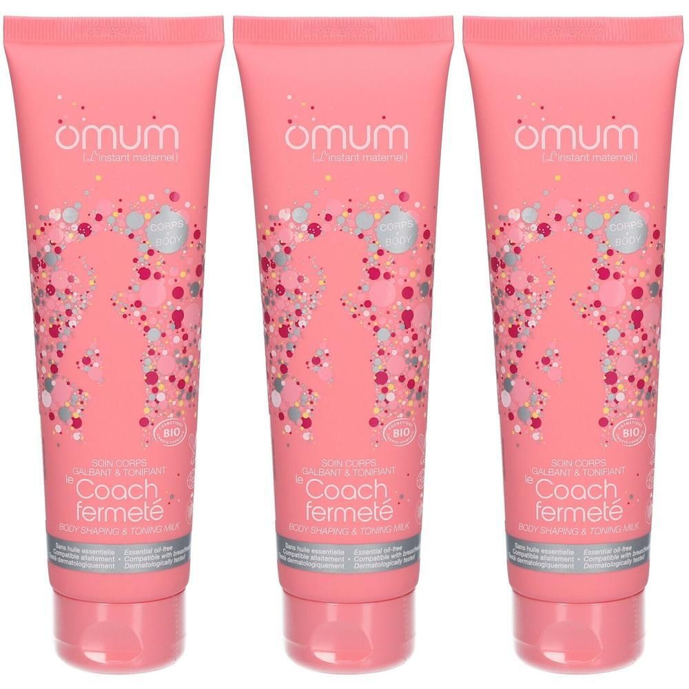 Drei rosa Tuben mit Omum-Logo und Verzierungen. "Coach Fermeté" ist auf jeder Tube aufgedruckt.
