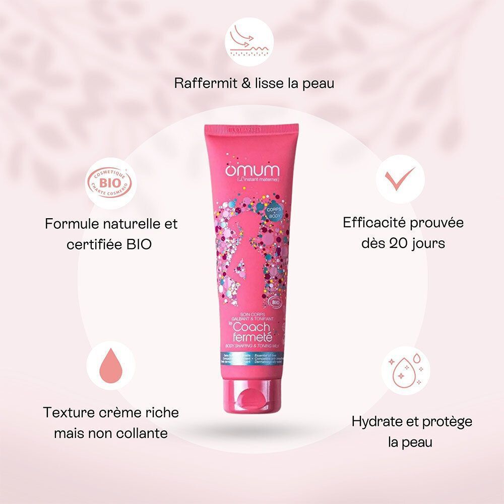 Un tube rose Omum Coach Fermeté avec des icônes indiquant "Raffermit & lisse la peau", "Formule naturelle et certifiée BIO".