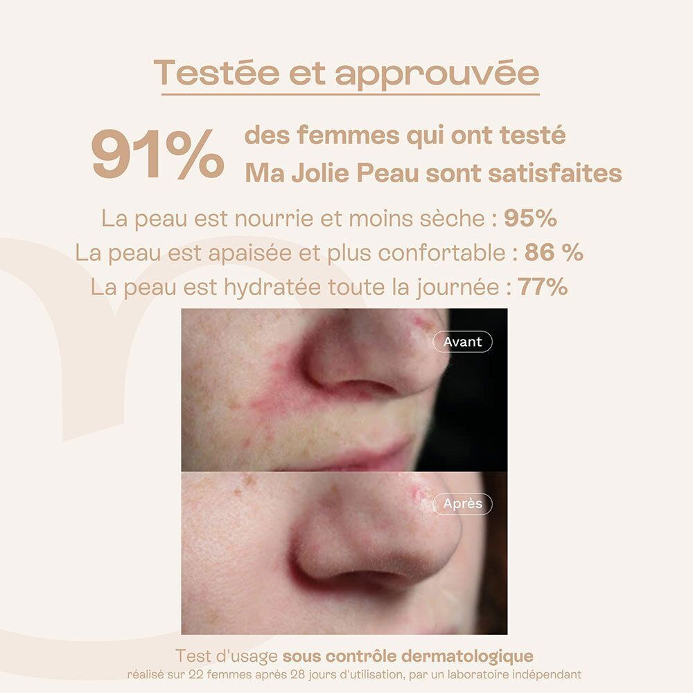 Un tube de crème visage Omum Ma Jolie Peau sur une surface en pierre, avec texte sur l'hydratation et la texture.
