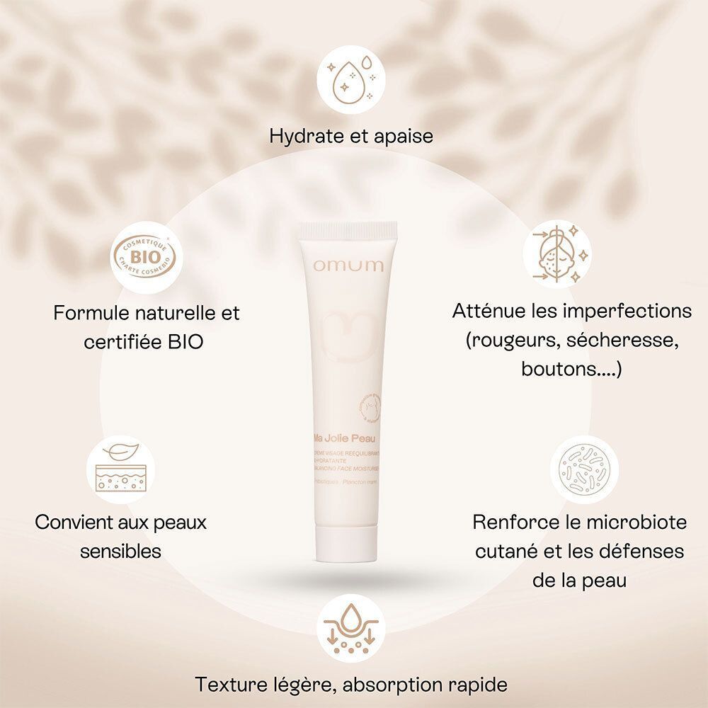 Comparaison avant-après des améliorations de la peau après utilisation de la crème Omum Ma Jolie Peau.