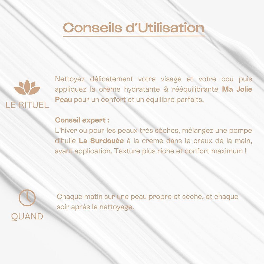 Présentation des ingrédients actifs de la crème Omum Ma Jolie Peau : prébiotiques, glycérine et extraits marins.