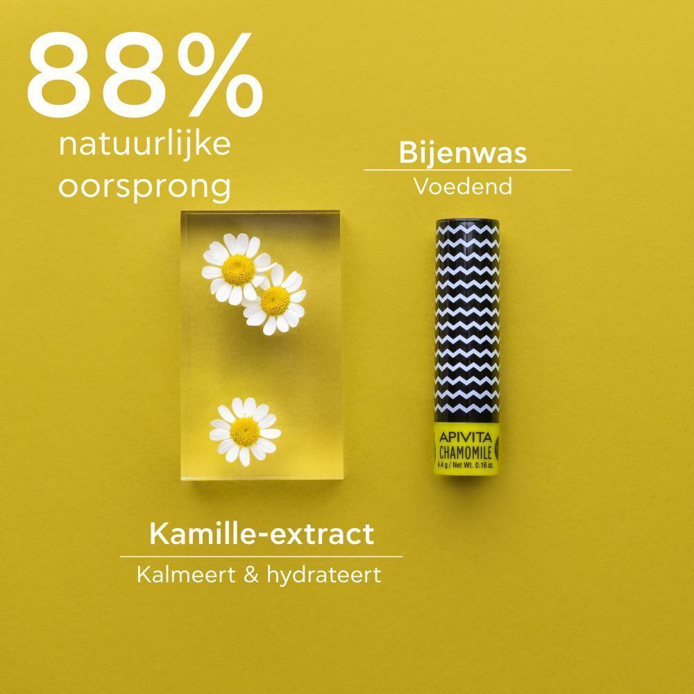 Lippenbalsam mit Kamille, Kamille-Extrakt und Bienenwachs. 88% natürlichen Ursprungs.