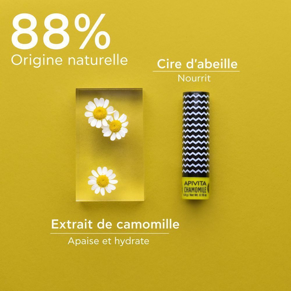 Baume à lèvres à la camomille, extrait de camomille et cire d'abeille. 88% d'origine naturelle.