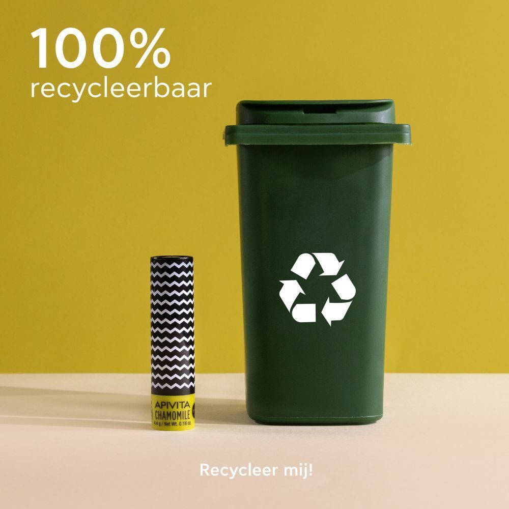 Lippenbalsam neben einem grünen Recyclingbehälter. 100% recycelbar. Bitte recyceln!