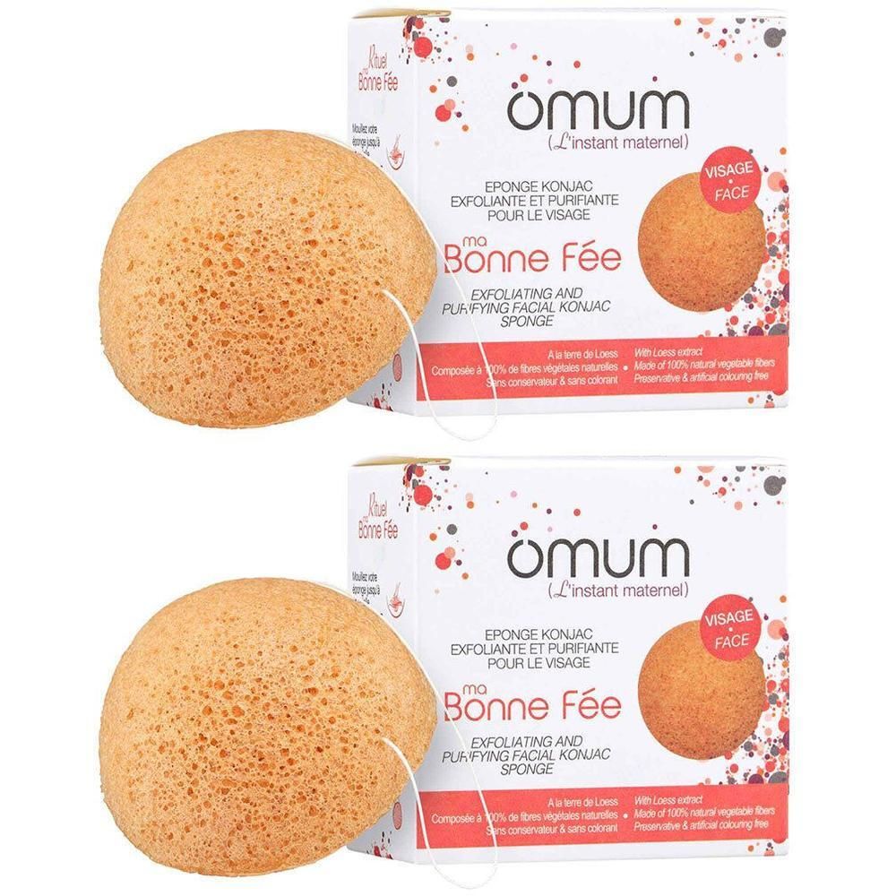Deux éponges konjac pour le visage emballées, rondes, couleur naturelle.