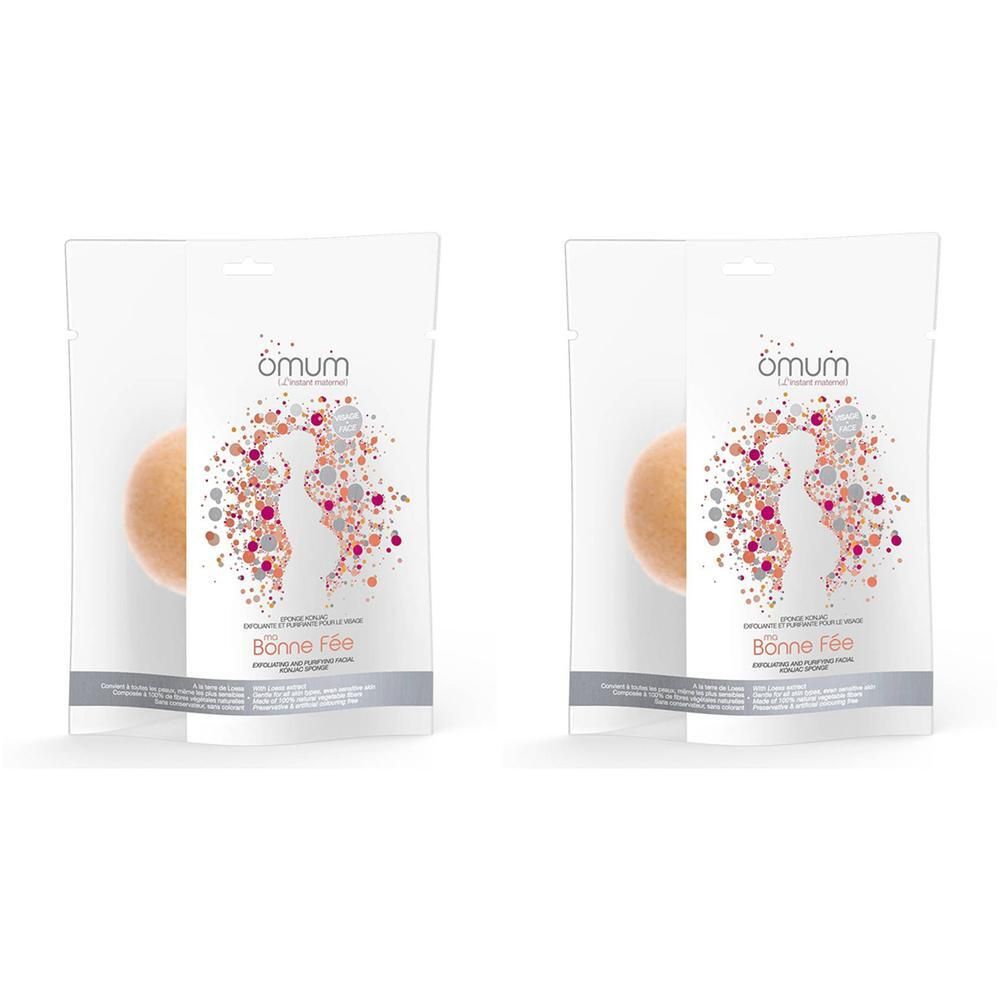 Zwei verpackte Konjac-Gesichtsschwämme, rund, naturfarben.