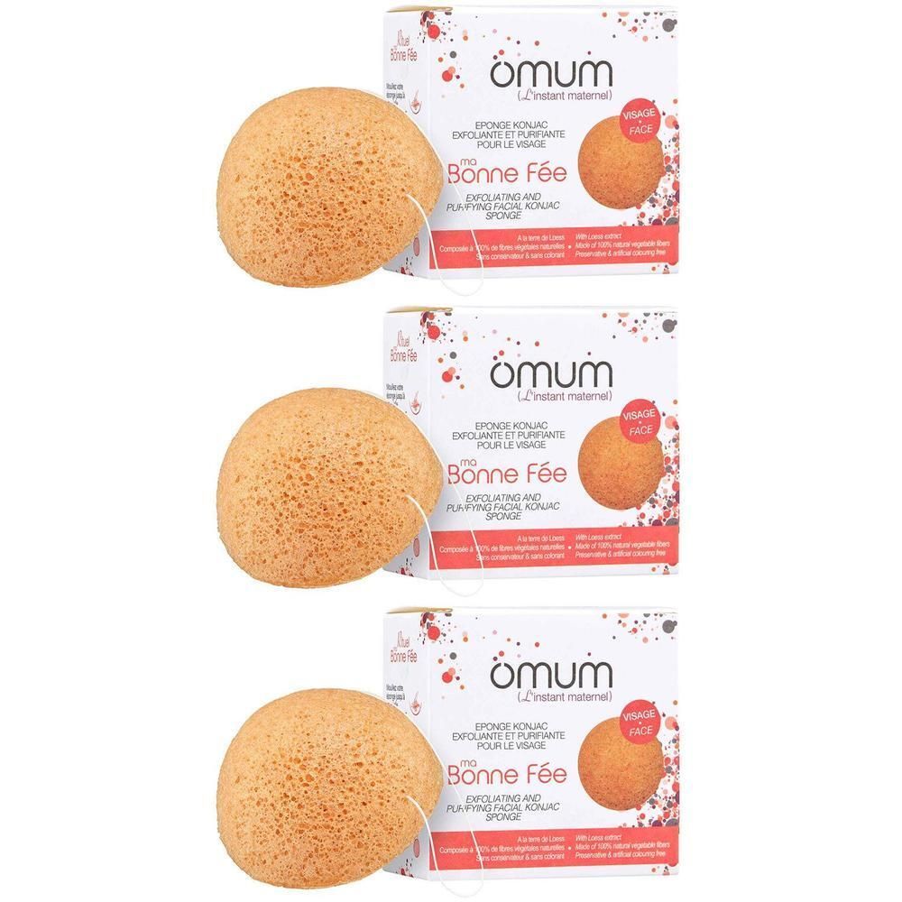 Trois éponges konjac emballées avec une silhouette de femme et un motif floral.