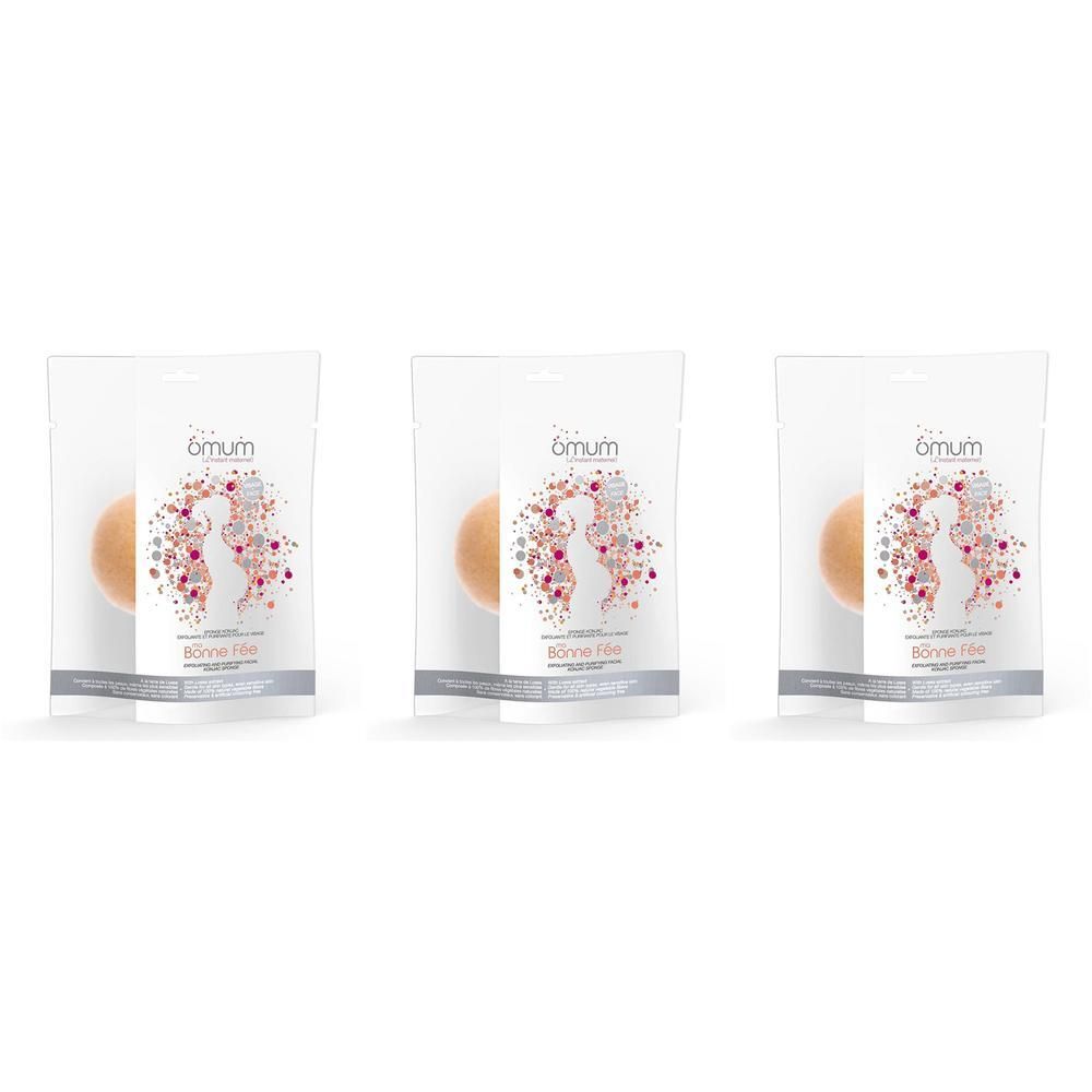 Drei verpackte Konjac-Schwämme mit einer Silhouette einer Frau und Blumenmuster.