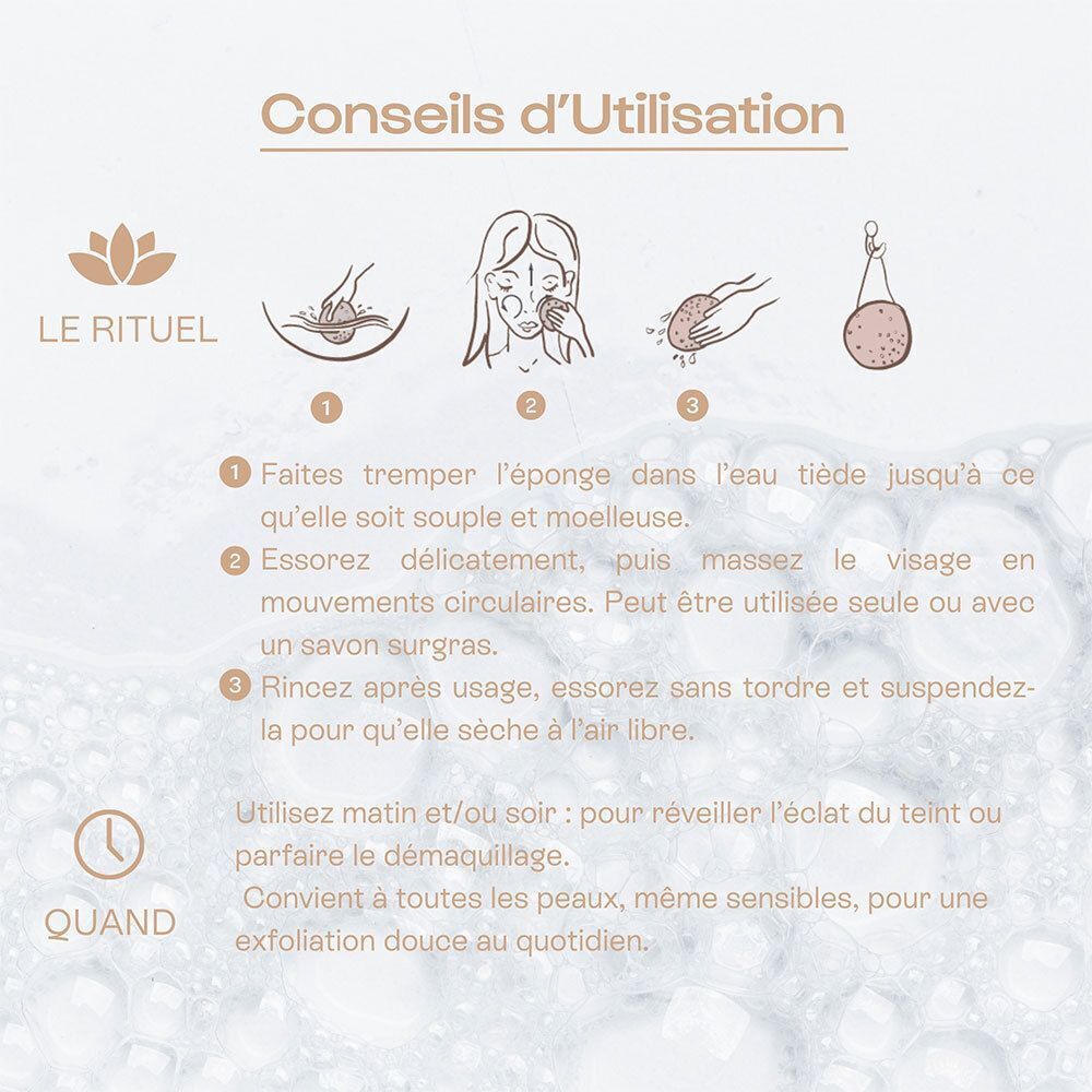 Une éponge konjac avec des icônes décrivant ses propriétés : naturelle, biodégradable, purifiante.