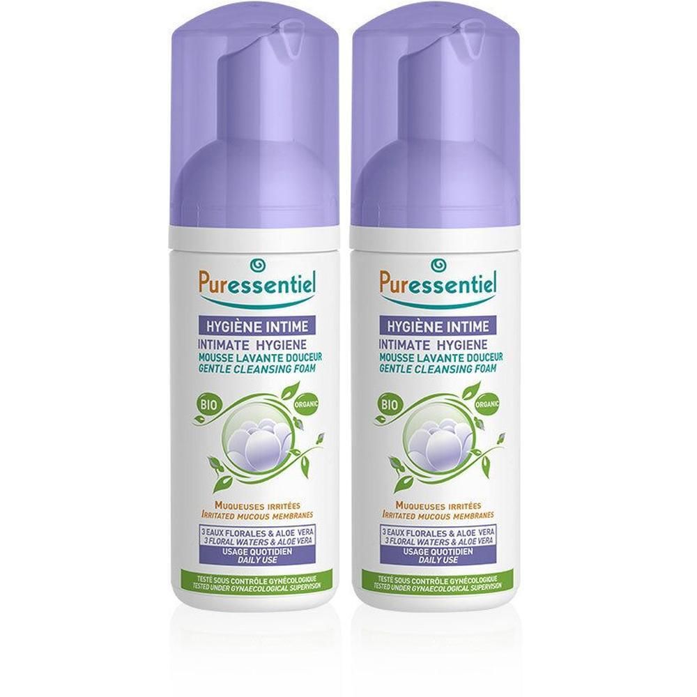 Zwei Flaschen Puressentiel Intimhygiene sanfter Waschschaum mit Lavendel- und Rosenmotiven.