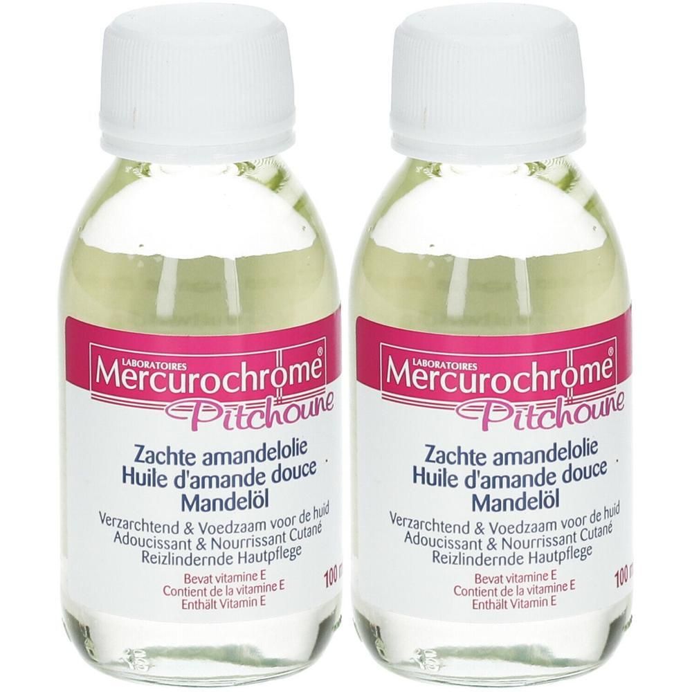 Deux flacons d'huile d'amande douce Mercurochrome Pitchoune, bouchon blanc. Liquide clair, étiquette rose.