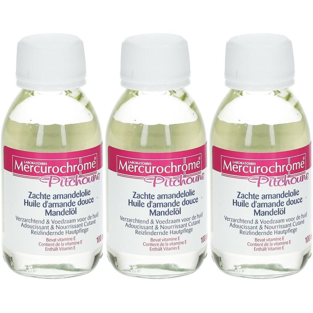 Trois flacons de Mercurochrome Pitchoune Huile d'amande douce. Liquide clair.