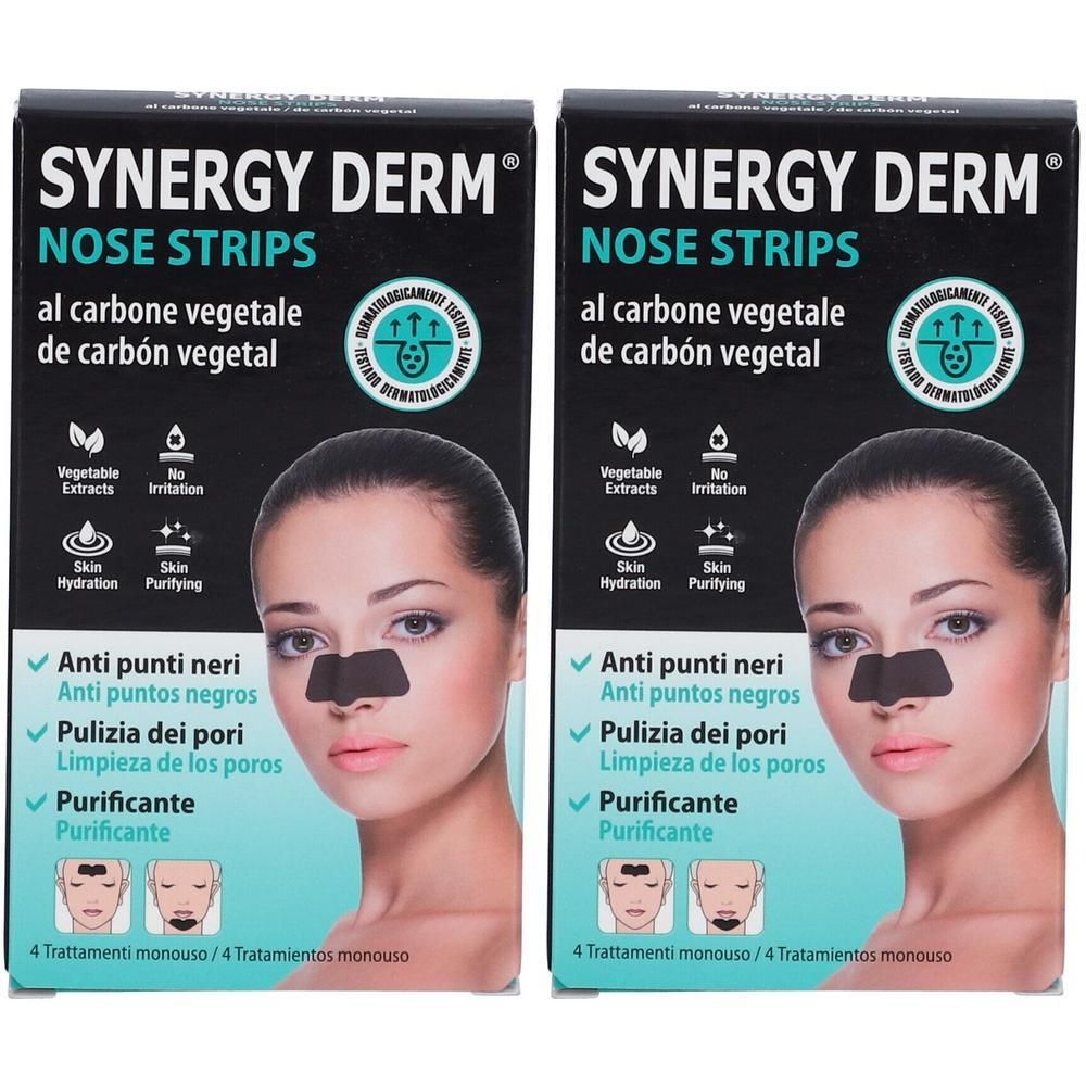 SYNERGY DERM Nasenstrips Verpackung mit zwei Packungen. Zeigt eine Frau mit einer schwarzen Nasenmaske.