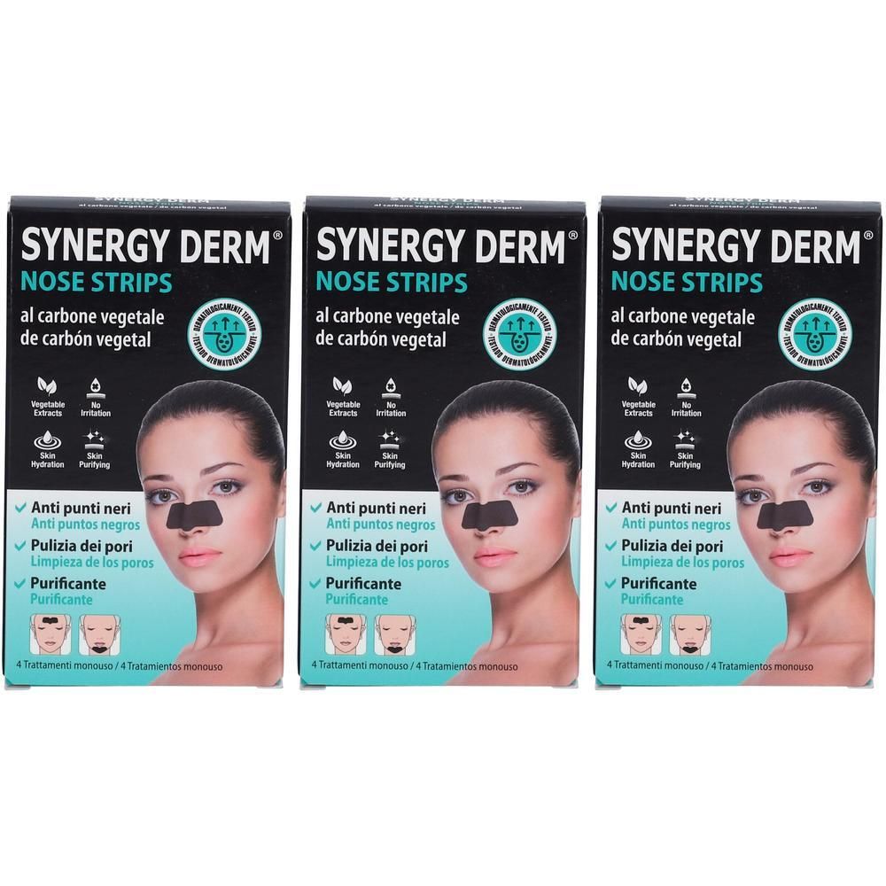 Drei Packungen SYNERGY DERM Nasenstrips mit Aktivkohle. Jede Packung zeigt eine Frau mit Nasenstrips.