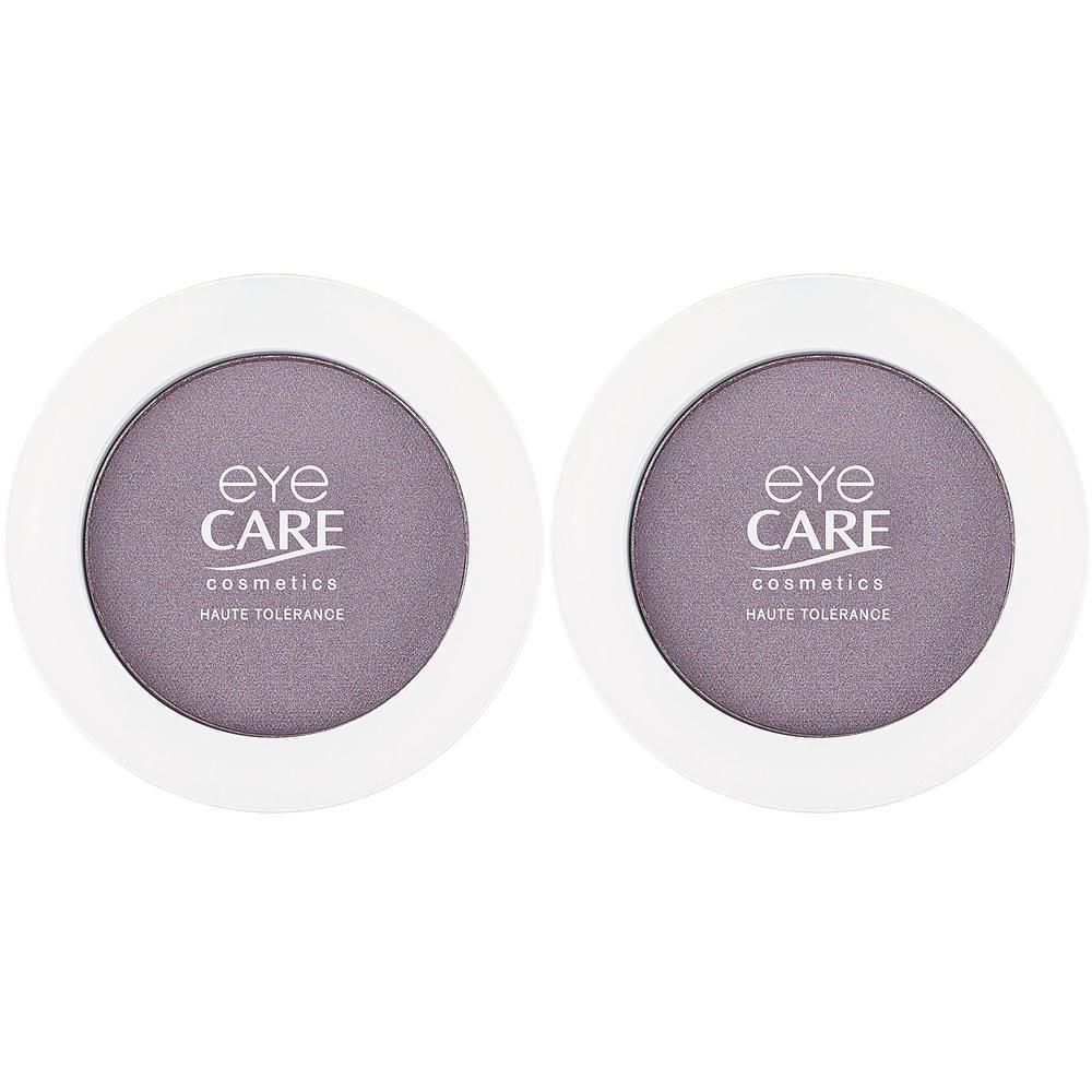 Deux boîtiers ronds de fard à paupières couleur orchidée. Marque : EYE CARE COSMETICS.