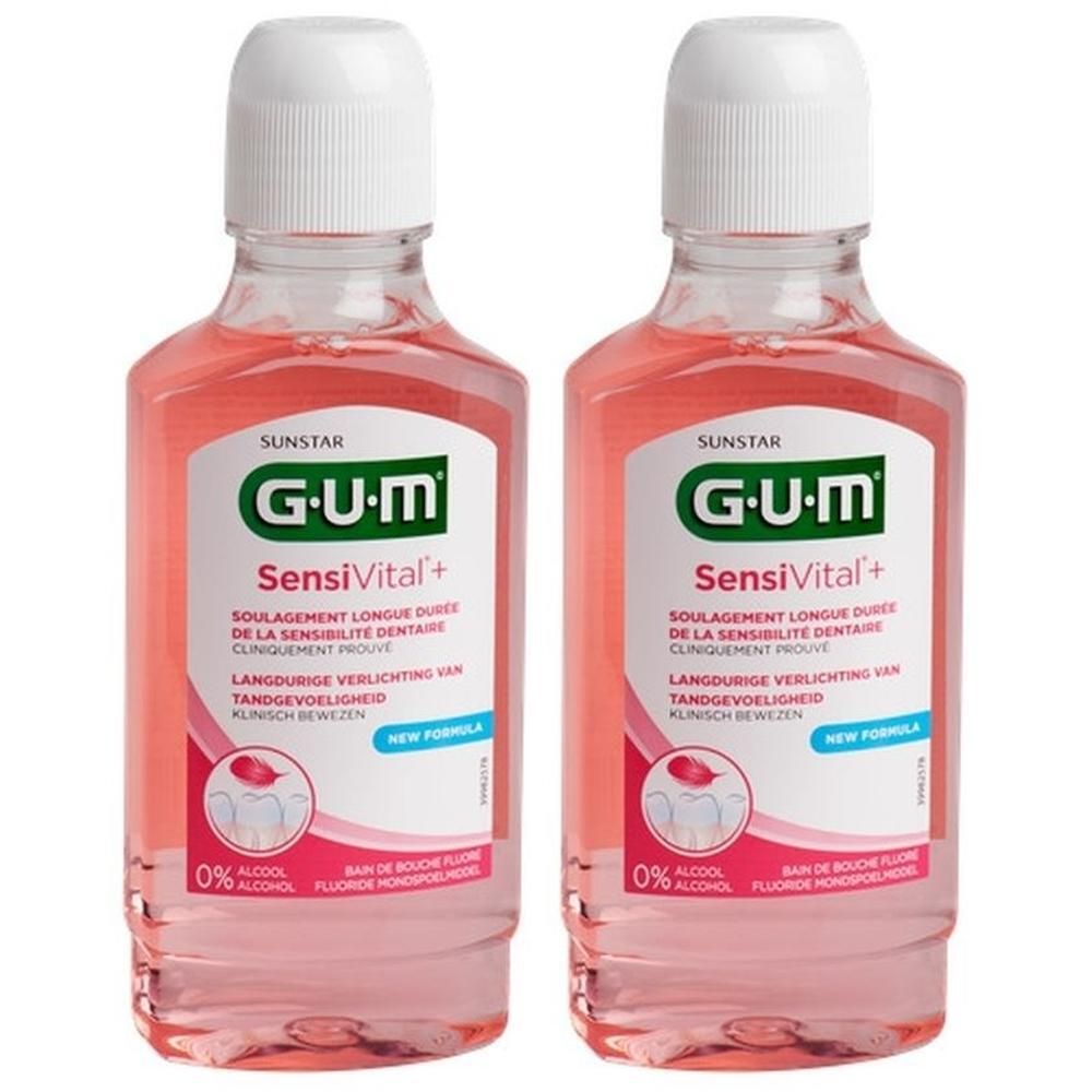 Deux bouteilles de bain de bouche GUM SensiVital+, nouvelle formule, sans alcool, liquide rose.