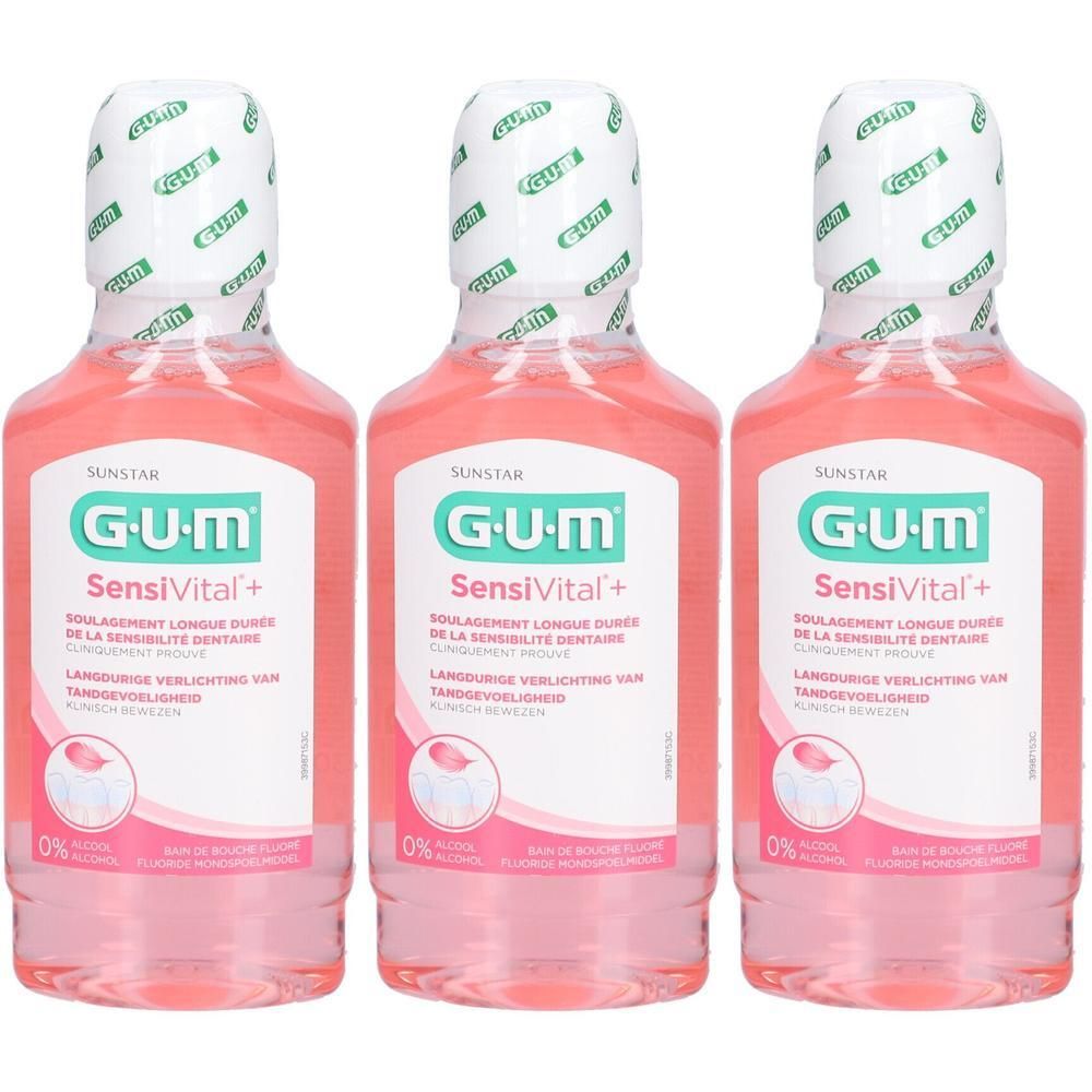 Drei Flaschen GUM SensiVital+ Mundspülung in Rosa. Klare Flüssigkeit mit weißem Verschluss.