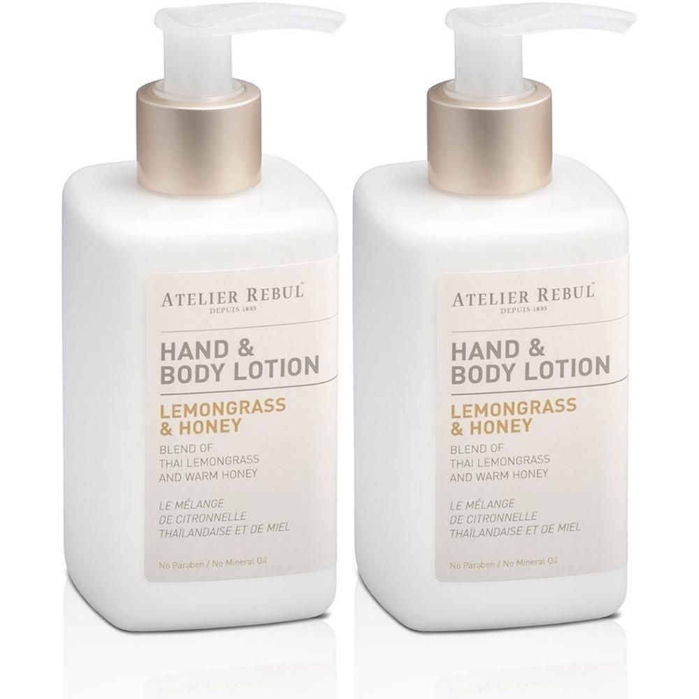 Deux flacons pompe blancs Atelier Rebul Lotion Mains & Corps Citronnelle & Miel.