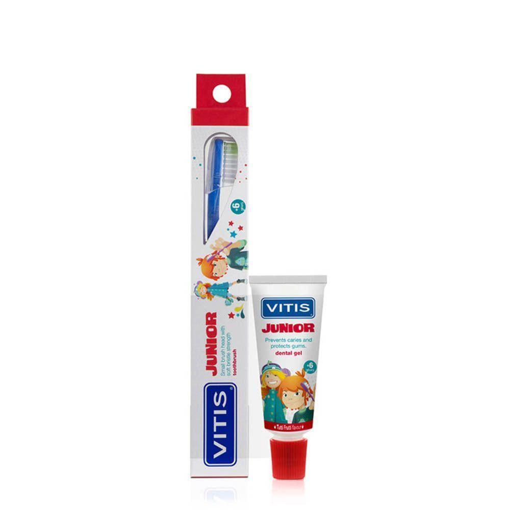 Brosse à dents VITIS Junior et tube de gel dentaire dans un emballage individuel avec illustrations enfantines.