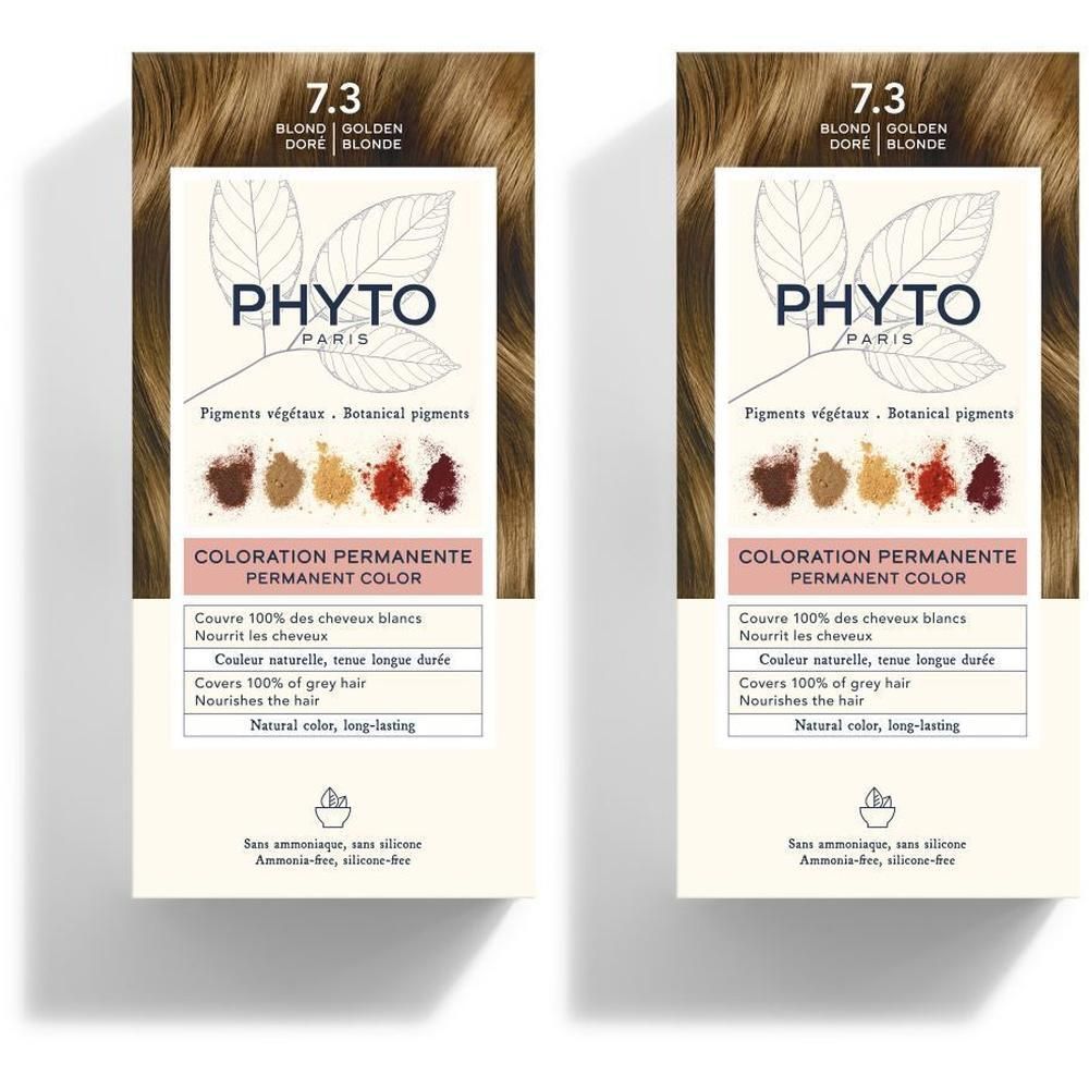 Deux boîtes de coloration permanente PHYTOCOLOR 7.3 Blondine Doré, couvrant 100% des cheveux gris.