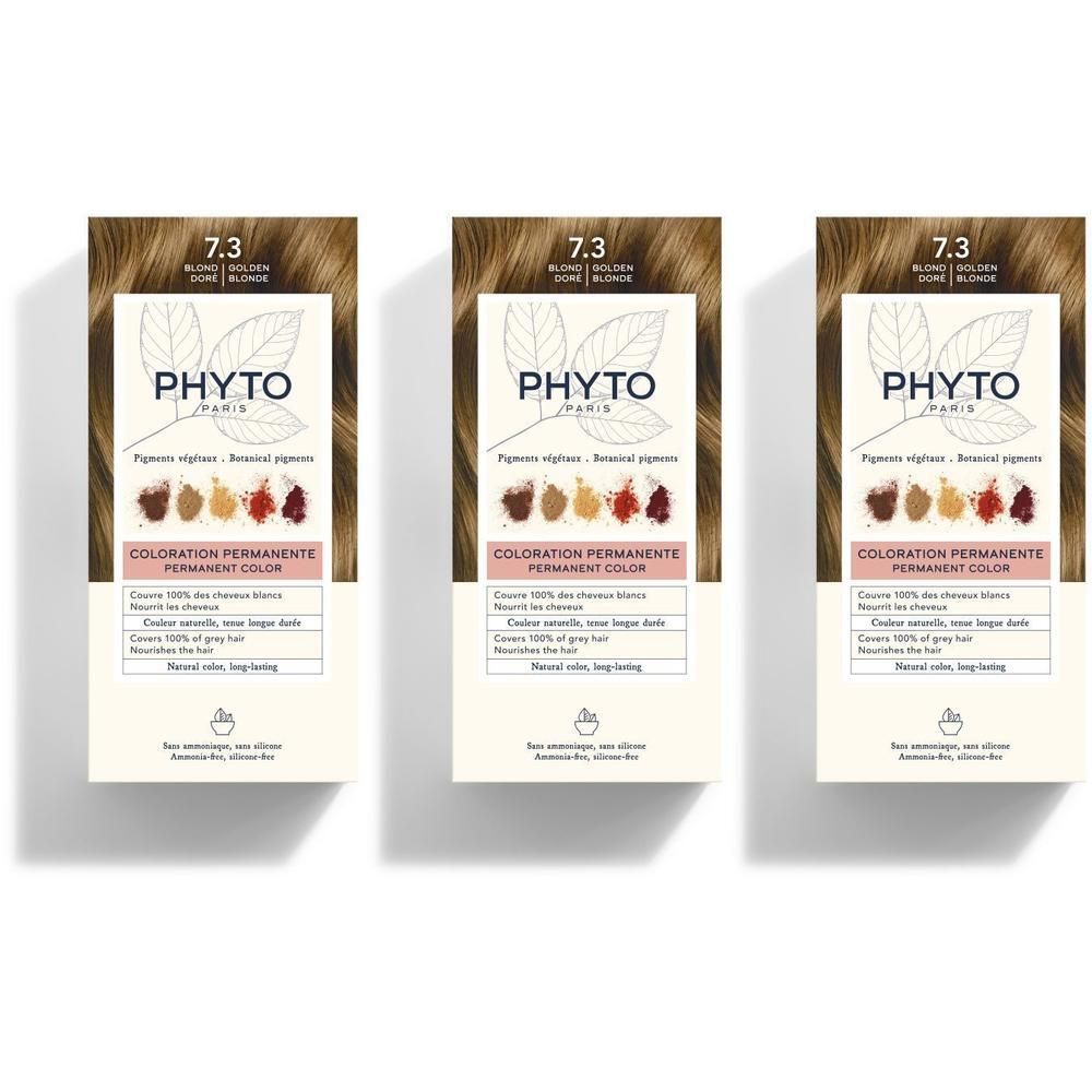 Trois boîtes PHYTOCOLOR 7.3 Blondine Doré coloration permanente avec échantillons de couleur.