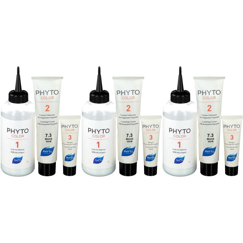 Trois kits PHYTOCOLOR 7.3 Blondine Doré : flacon développeur, tube de coloration et ampoule soin.