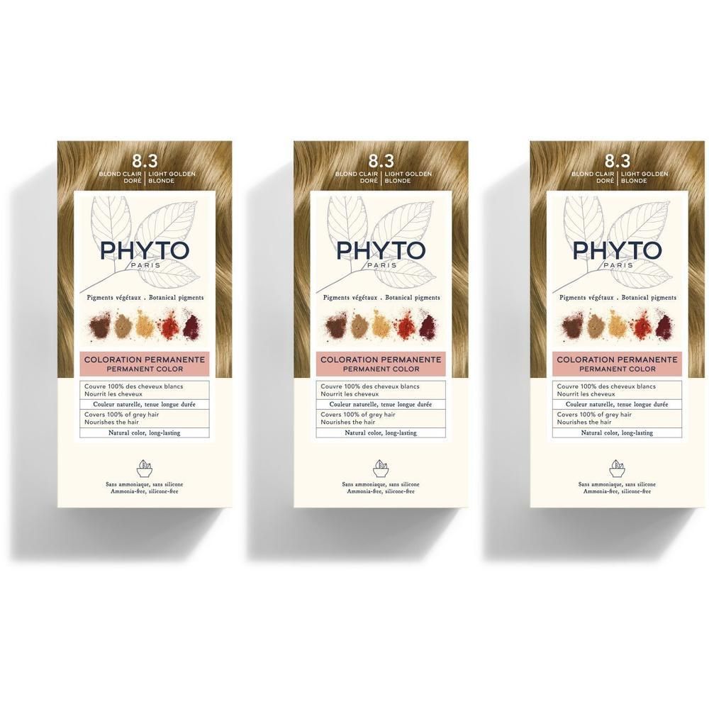 Trois boîtes de coloration permanente PHYTO COLOR 8.3 Blond Doré Clair, avec nuancier et informations produit.