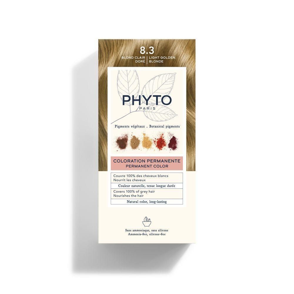 Phyto Coloration Permanente 8.3 Blond Clair Doré. Boîte avec informations sur la couleur et image du produit.