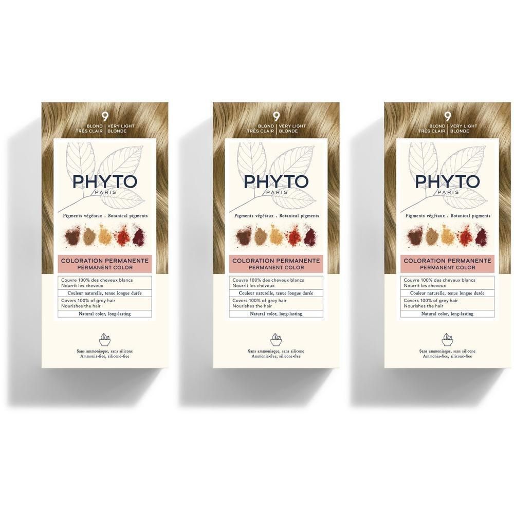 Trois boîtes de coloration permanente PHYTOCOLOR, nuance 9 Blond très clair.