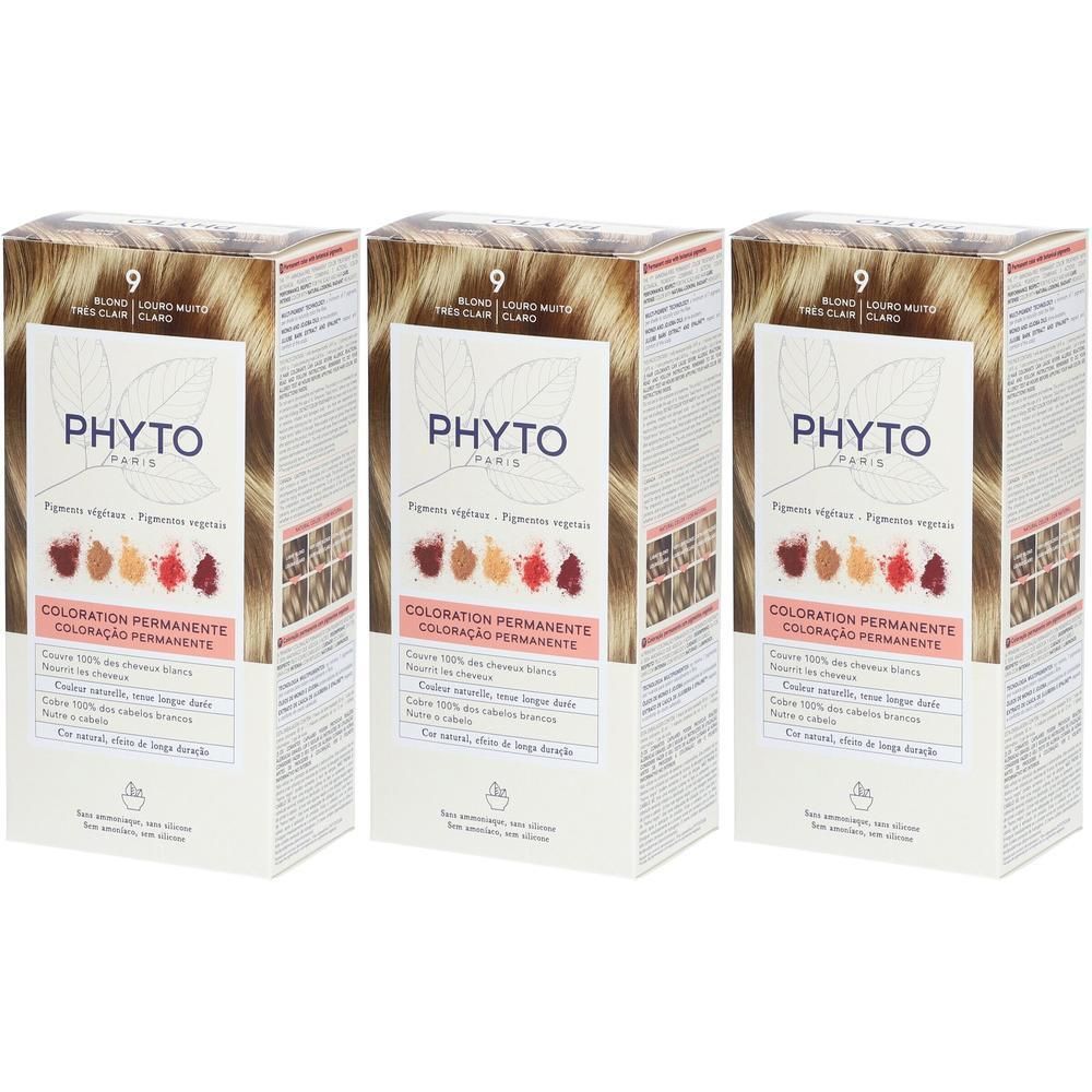 Drei Schachteln PHYTOCOLOR permanente Haarfarbe, Farbton 9 Sehr hellblond.