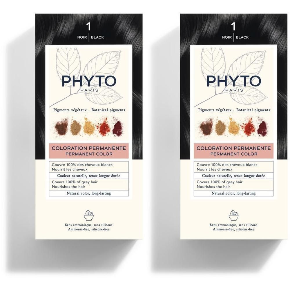 Deux boîtes de coloration permanente PHYTOCOLOR, teinte 1 Noir, pigments végétaux.