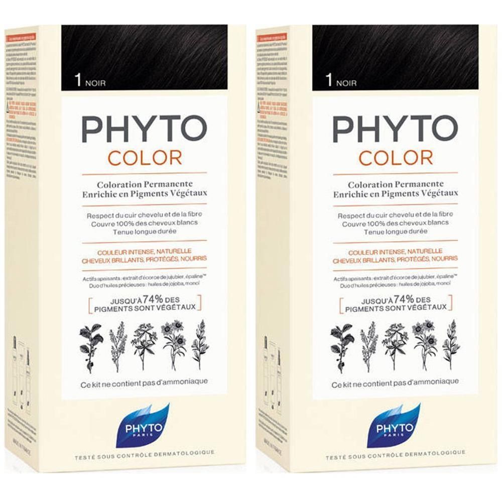 Zwei Packungen PHYTOCOLOR permanente Haarfarbe, Farbton 1 Noir.